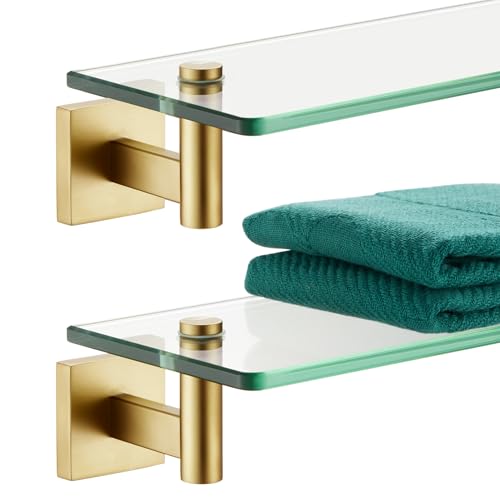 Wall Shelves Floating Shelf 20'' Gold Stainless Steel Bathroom Hardware Tempered Glass Hanging Rack Storage (Brushed Gold / 20-Inch(2 Pack))