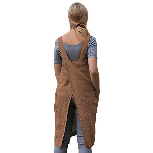 Women’s Pinafore Square Apron Baking Cooking Gardening Works Cross Back Cotton (X-Large / Brown)