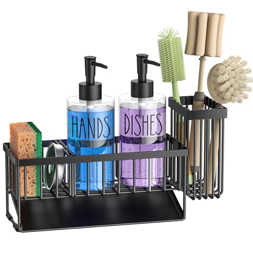 Kitchen Sink Caddy with Dish Soap Dispenser Set (Black+clear)