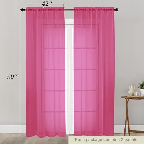 Sheer Hot Pink Curtains for Bedroom Living Room 90 Inches Long 2 Panels Set (Hot Pink / 42"W x 90"L (Pack of 2))