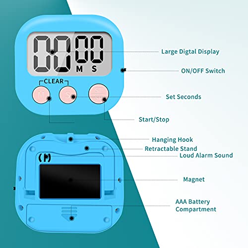 6 Pack Small Digital Kitchen Timer Magnetic Back and ON (Blue)