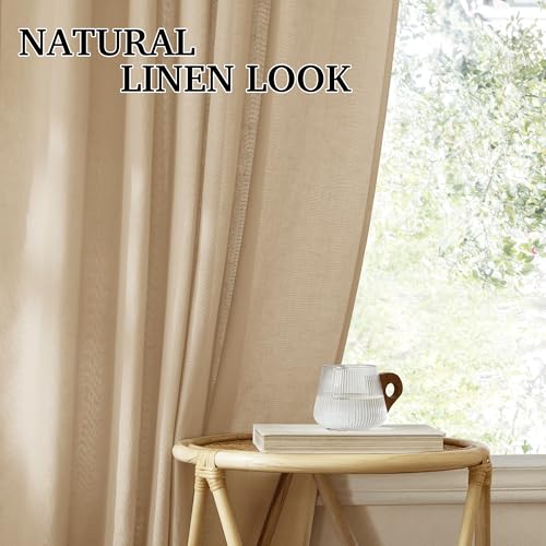 Linen Semi Sheer Curtains for Bedroom Living Room 95 inches Long (H - Camel / 52"W x 95"L (Pack of 2))
