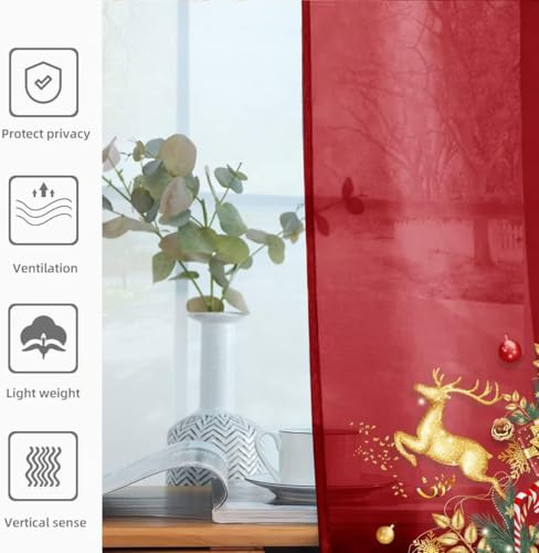 Solid Sheer Rod Pocket Curtain Voile Draperies 4 Panels White Beige Black Grey Ivory 52 Inch Width 45 Inch Long 1 Pair for Kitchen Bedroom Children Living Room Yard (Christmas Red / 52"W x 45"L (Pack of 4))