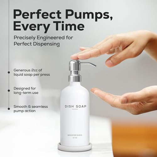 White Glass Dish Soap Dispenser for Kitchen Sink by Brighter Barns (Silver D)