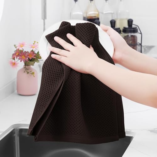 100% Cotton Waffle Weave Kitchen Dish Towels 18 (Dark Brown / 13 X 28 - 18 Pack)
