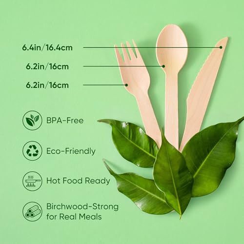 Disposable Wooden Utensils Set (120 Forks, 120 Spoons, 120 Knives)