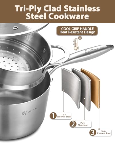 3 Quart Stainless Steel Saucepan with Steamer & Glass Lid (Silver)