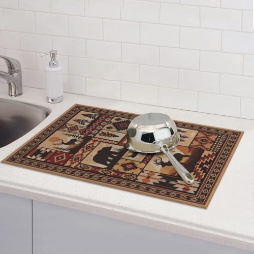 Western Wildlife Geometric Dish Drying Mat for Kitchen Counter (Brown-Wildlife / 18" x 24")