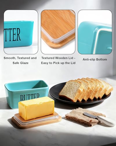 Butter Dish Ceramic with Lid and Knife for Countertop (Lake blue)