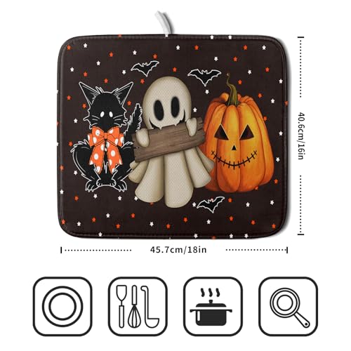16"x18" Halloween Dish Drying Mat Spooky Pumpkin Ghost Black Cat Bats Kitchen Drainer Mats Holiday Gothic Reversible Microfiber Dish Drying Pad Small Size for Countertop Tabletop Decor (18" x 16")