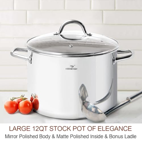 12 Quart LARGE Stock Pot with Glass Lid (12 Quarts / Mirror Polished Stainless Steel)