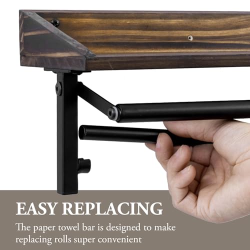 Black Metal Paper Towel Holder Wall Rack with Rustic Wood Shelf (Matte Black Metal Paper)