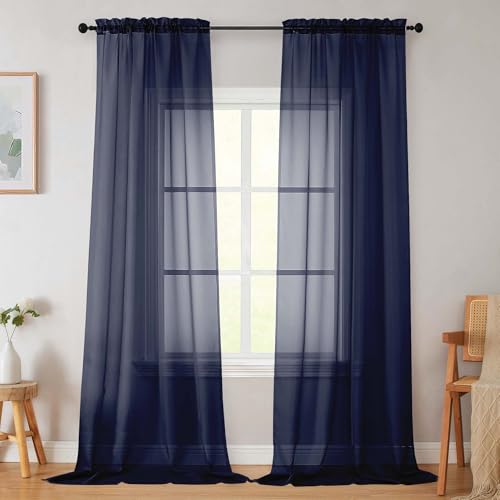Navy Blue Sheer Curtains for Bedroom Living Room 96 Inches Long 2 Panels (Navy Blue / 42"W x 96"L (Pack of 2))