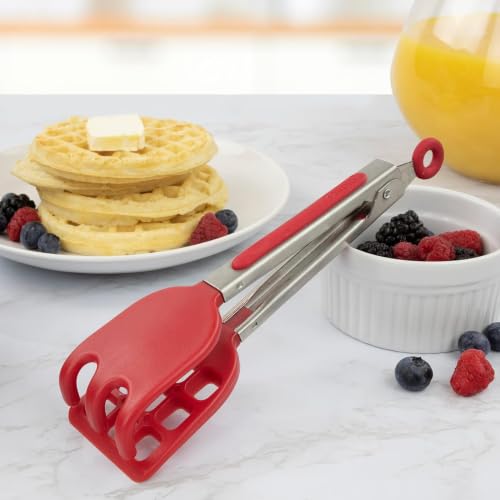 Waffle Tongs Mini Silicone Kitchen Tongs for Cooking Serving Flat Stainless Steel Small Tongs with Silicone Tips for Salads Belgian Waffles Air Fryer Appetizers Dishwasher Safe Cayenne Red (Cayenne)