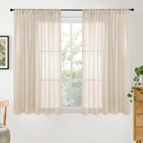 Tan Burlap Linen Sheer Curtains 45 Inch Length for Short Window (Natural / 42"W x 45"L (Pack of 2))