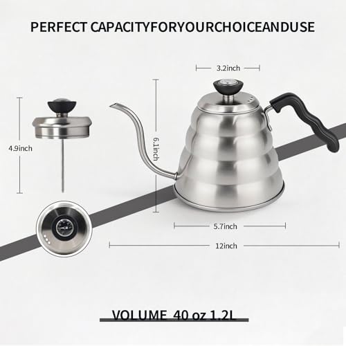 1.2L 40oz Stainless Steel Gooseneck Kettle with Thermometer for Stovetop