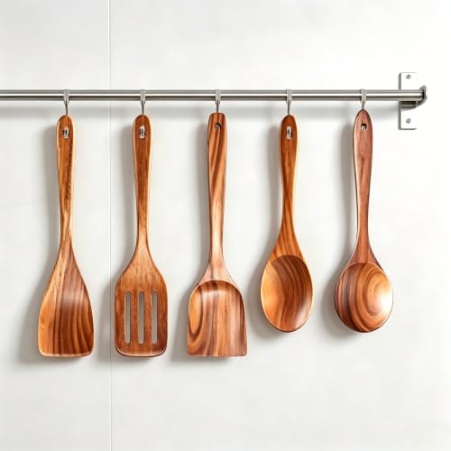 5 PCs Teak Wooden Utensil Set with Hooks (5)