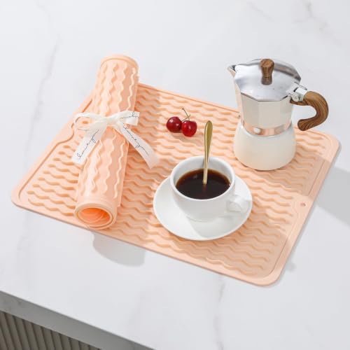 2 Pack Caketime Silicone Dish Drying Mat for Kitchen Counter Waterproof Place mats Sink Protector Stove Top Organizer Appliance Storage Vanity Trays Dryer Rack Drainers Items 15"x11.5" Beige (Beige / 15"*11.5")