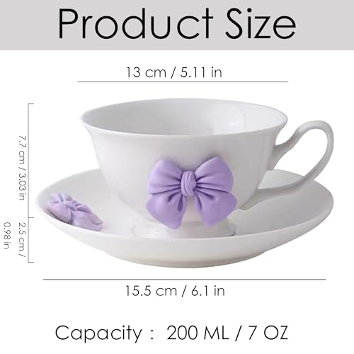 Bow Coffee Mugs Set with Saucer 200 ML Coquette Mug Porcelain Bow Cute Tea Cup Coffee for Women Girl (Purple Bow Coffee Mug)