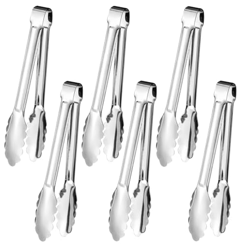 6pcs Stainless Steel Serving Tongs Gold or Silver Plated 9inch Heavy Duty Durable BBQ Clamps Design for Weddings Parties Banquets Buffets Family Gatherings Kitchen Cooking Serving Clip (Silver)