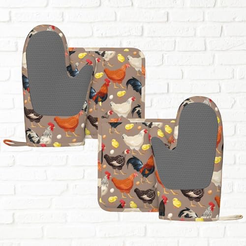 Fun Hen Chicken Rooster Oven Mitts and Pot Holders Set of 4 Silicone Heat Resistant Oven Mitten Potholders Non Slip Gloves Kitchen Decor for BBQ Cooking Grilling Baking (Fun Hen Chicken Rooster)