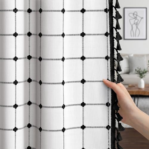 Boho Blackout Black Plaid Curtains 84 Inch Linen Blend 2 Panels (Black Plaid / 52"W x 84"L (Pack of 2))