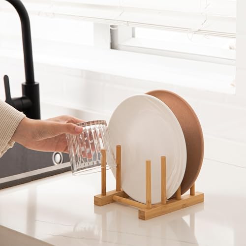 Bamboo Dish Plate Bowl Cup Book Pot Lid Cutting Board Drying Rack Stand Drainer Storage Holder Organizer Kitchen Cabinet（Keep Dry） (Bamboo 3 Slots 1pcs)