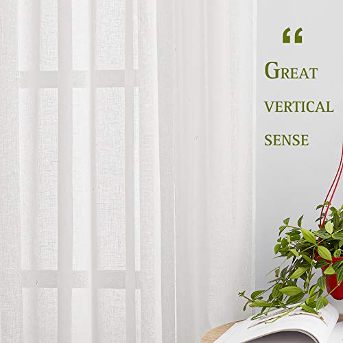 Linen Sheer Short Curtains 48 inch Length 2 Panels for Kitchen (36"W x 48"L (Pack of 2) / White)
