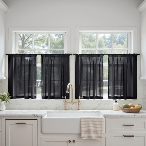 4 Panels Half Window Tier Black Sheer Curtains 42 x 36 Inches (42"W x 36"L (Pack of 4) / Black)