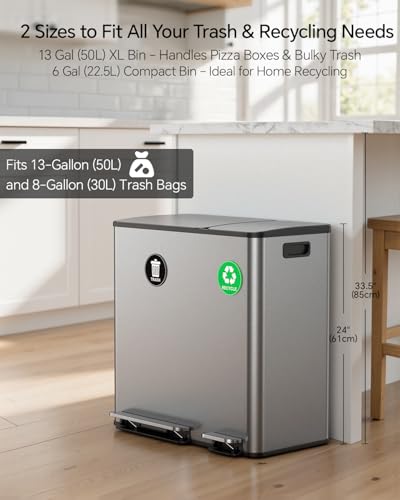 Dual Trash and Recycling Bins for Kitchen (Silver / 13+6 Gallon)