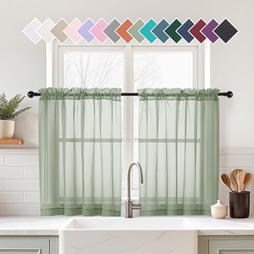 Sage Green Small Sheer Curtains 2 Panels Set (42"W x 36"L (Pack of 2) / Sage Green)