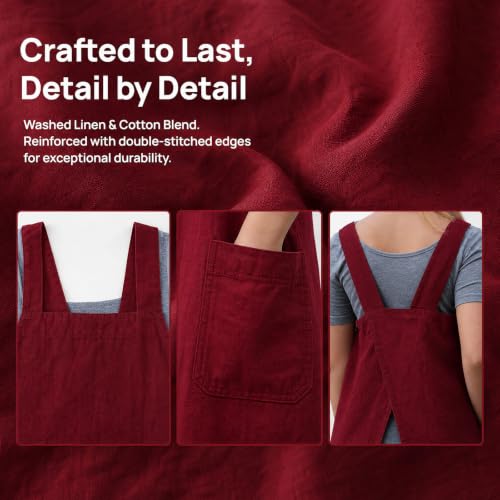 Cross Back Linen Cotton Apron with Pockets (3X-Large / Red)