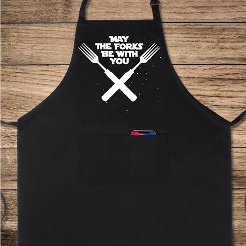 Funny Apron for Men Women 100% Cotton May The Forks Be With You Adjustable Bib Aprons with 2 Pockets Funny Gifts Grilling Grill Kitchen Cooking BBQ Black (May the Forks Be With You)