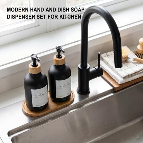 Hand and Dish Soap Dispenser Set (Black / 2 Bottles with Bamboo Tray)