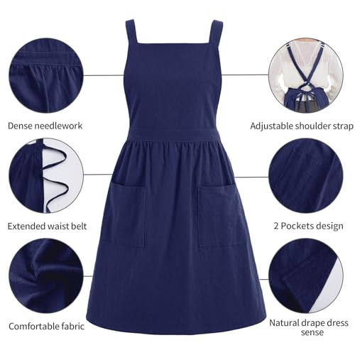 Cute Cotton Pinafore Aprons for Women with Pockets for Kitchen (Navy Blue)