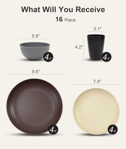 16 Piece Plates and Bowl Set for 4 (Brown / Service For 4)