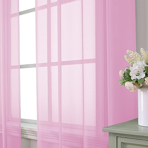 Pink Sheer Curtains 54 inch Length Living Room Short Voile Drapes Solid Sheers Cafe Curtains Voile Bathroom Small Window Sheers 2 Panels Set (40"W x 54"L (Pack of 2) / Light Pink)