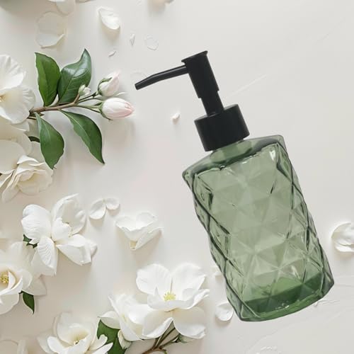 12Oz Green Glass Soap Dispenser with Plastic Pump (Green Diamond)