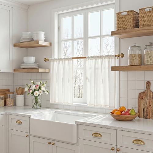 Natural Curtains 30 Inch Long for Cafe (34"W x 30"L (Pack of 2) / Beige White)