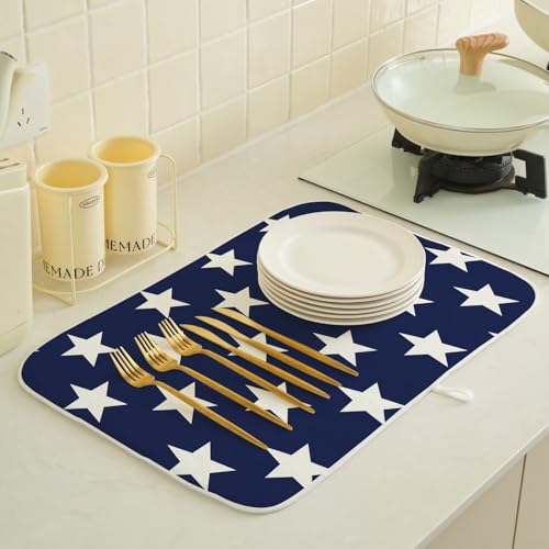 4th of July Dish Drying Mat 18 x 24 inch Independence Day Blue Stars Decorative Drying Mats Microfiber Absorbent Holiday Patriotic Dish Washable Draining Mat for Kitchen Counter Decor (24" x 18" / Blue Stars)