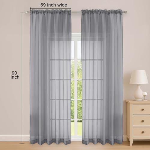 Grey Sheer Curtain 90 Inches Long 2 Panels Set (Grey / 59"W x 90"L (Pack of 2))