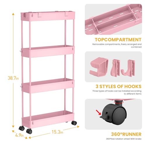Slim Storage Cart 4 Tier (Pink)