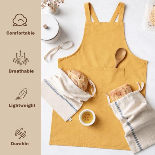 Apron for Women with Pocket Cotton Linen (Yellow / Medium)