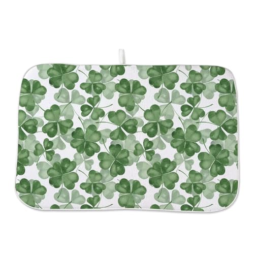 St Patricks Day Dish Drying Mat 18 x 24 inch Dark Green Clover Print Decorative Drying Mats Microfiber Absorbent Shamrock Dish Washable Draining Mat for Kitchen Counter Decor (24" x 18" / Dark Green Clover)