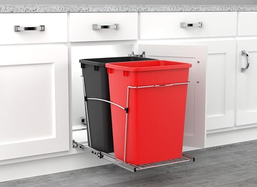 RV-18KD-1618C-S Double Pullout Trash Can for Kitchen Cabinets 35 Qt Garbage Recycling Bin on Full Extension Slides, Red/Black (Red & Black)