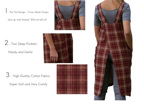 Women's Pinafore Square Apron Baking Cooking Gardening Works Cross Back Cotton (Small / Gingham-red)