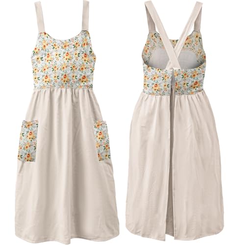 Cotton Linen Apron Cross Back Apron for Women with Pockets Pinafore Dress (Floral Beige Yellow)