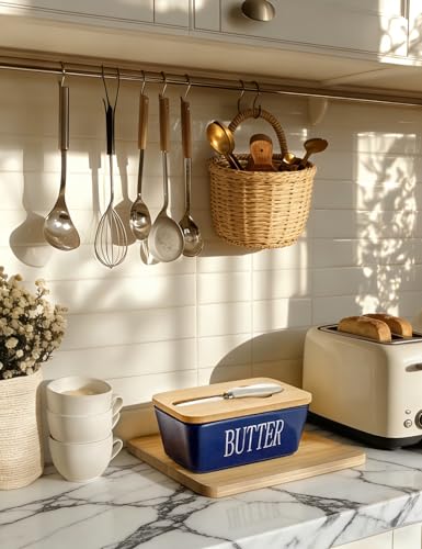 Ceramic Butter Dish with Lid and Knife & Silicone Seal for Countertop Blue (Blue)