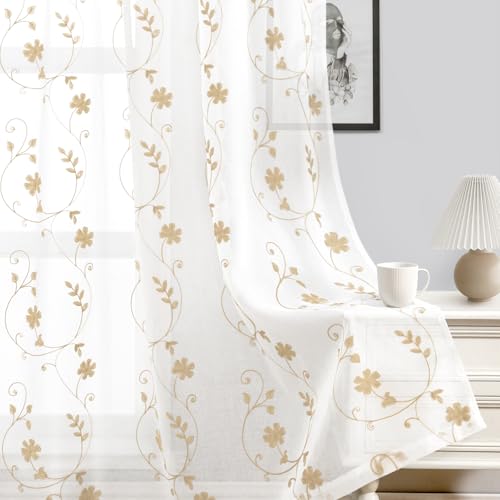 Yellow Sheer Curtains 96 Inches Long 2 Panels Yellow and White Embroidered Floral Pattern Semi Sheer Window Curtains for Bedroom Living Room (52"W x 96"L (Pack of 2) / White & Yellow)