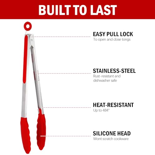 Silicone Kitchen Tongs for Cooking (Red)